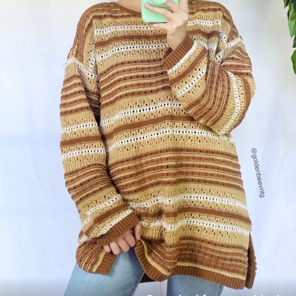 Vintage Woven Caramel Striped Cozy Retro Knit - Picture 3 of 8